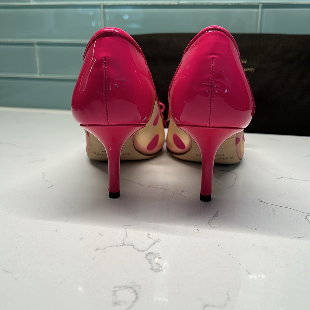 Kate Spade Pink Polka Dot with Mesh and Pink Bow Accents. 2 Inch Heels/Pumps. - Picture 5 of 8